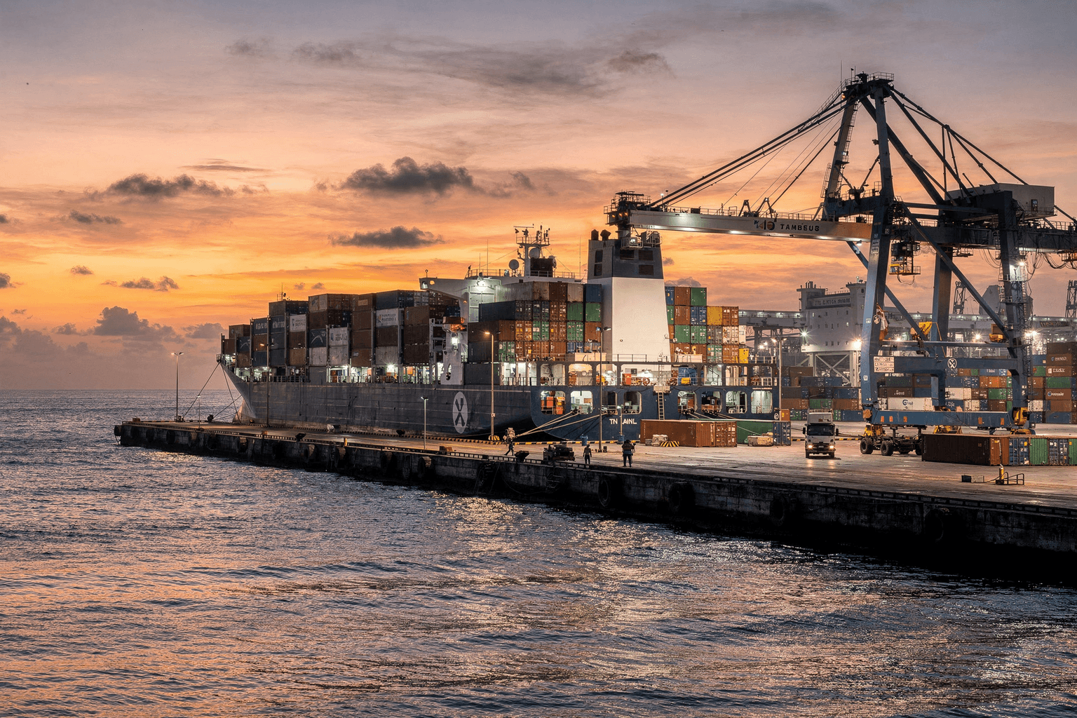 Container ship loading at the Port of Colombo at dusk