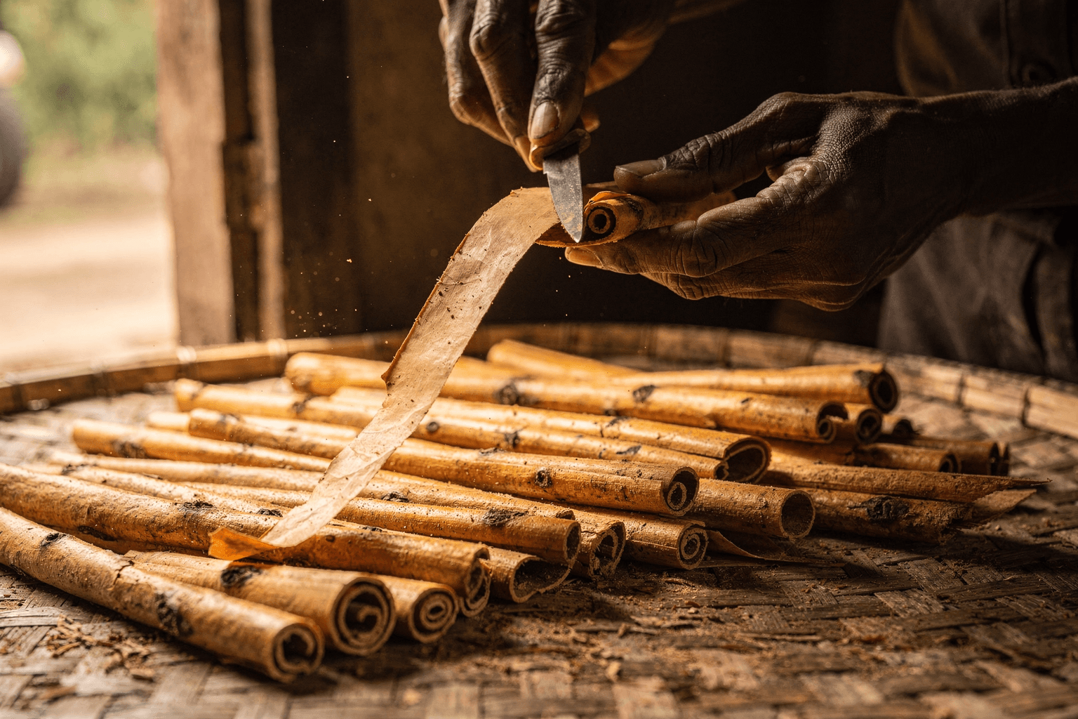 Master peeler hand-rolling Cinnamon bark