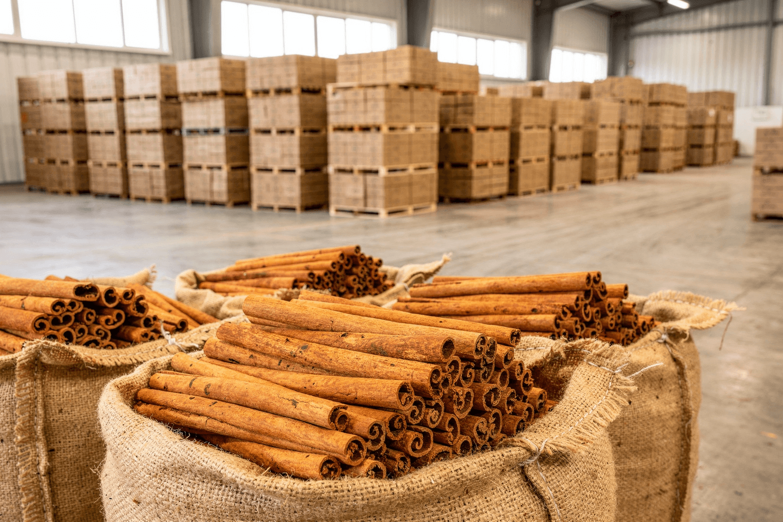Export warehouse with packed Cinnamon cartons and bales